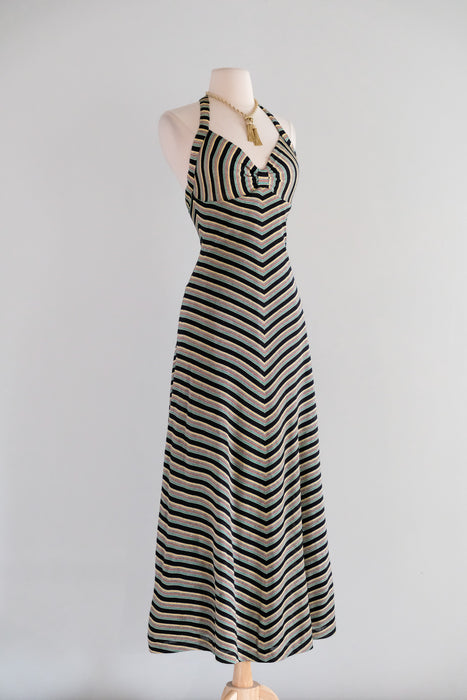 Vintage 1970's Chevron Lurex Jersey Knit Halter Gown by Young Innocent / S