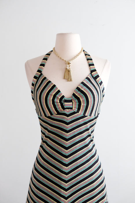 Vintage 1970's Chevron Lurex Jersey Knit Halter Gown by Young Innocent / S