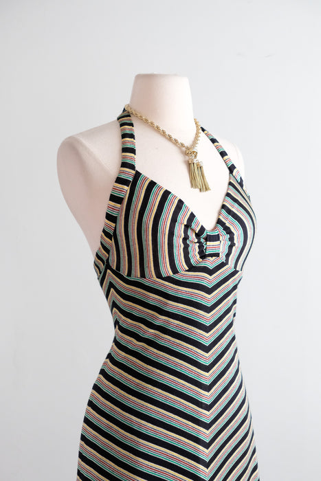 Vintage 1970's Chevron Lurex Jersey Knit Halter Gown by Young Innocent / S