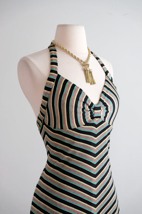 Vintage 1970's Chevron Lurex Jersey Knit Halter Gown by Young Innocent / S