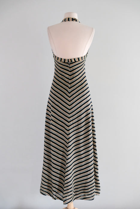 Vintage 1970's Chevron Lurex Jersey Knit Halter Gown by Young Innocent / S
