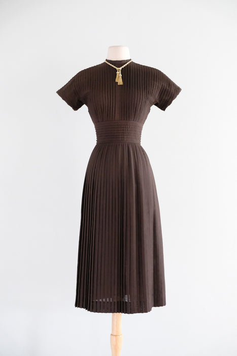 Vintage 1950's Ultra Pleated Cotton Dress in Chocolate by Jeanne D'Arc / S