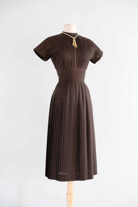 Vintage 1950's Ultra Pleated Cotton Dress in Chocolate by Jeanne D'Arc / S