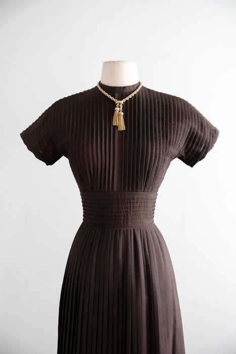 Vintage 1950's Ultra Pleated Cotton Dress in Chocolate by Jeanne D'Arc / S