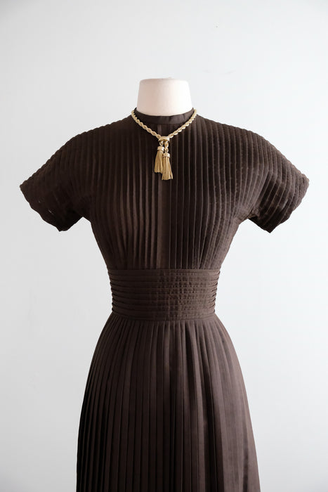 Vintage 1950's Ultra Pleated Cotton Dress in Chocolate by Jeanne D'Arc / S