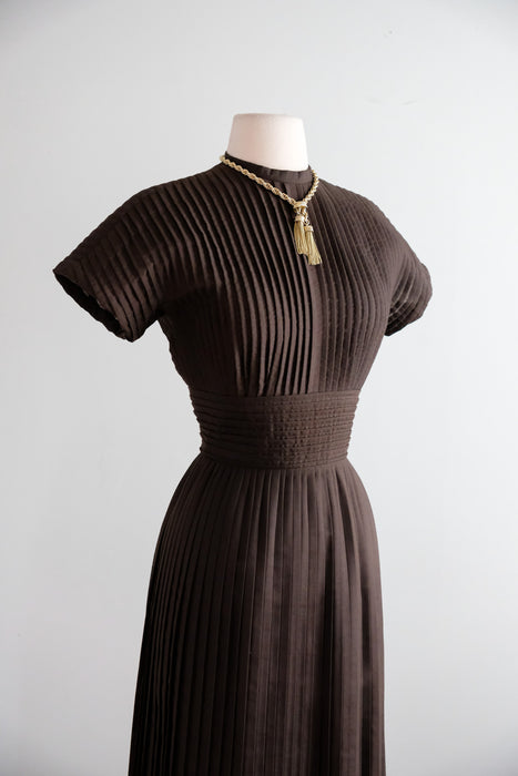 Vintage 1950's Ultra Pleated Cotton Dress in Chocolate by Jeanne D'Arc / S