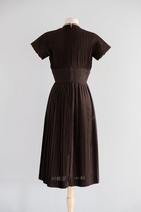 Vintage 1950's Ultra Pleated Cotton Dress in Chocolate by Jeanne D'Arc / S