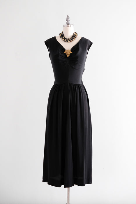 1940's little black dress Black Dress 40s And 50s Fashion 1940s Vintage Beaded Black Evening Gown Dress // Long Sleeves