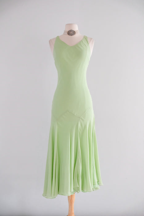 Vintage 1990's Matcha Green Silk Chiffon Dress / S