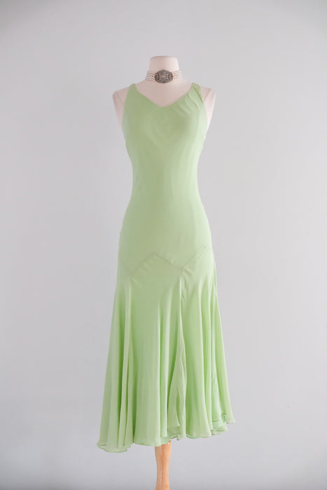 Vintage 1990's Matcha Green Silk Chiffon Dress / S