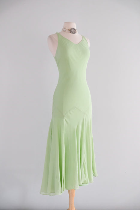 Vintage 1990's Matcha Green Silk Chiffon Dress / S