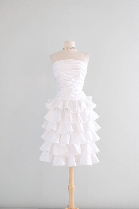Vintage 1980's Strapless White Taffeta Cocktail Dress with Ruffles & Bow / SM