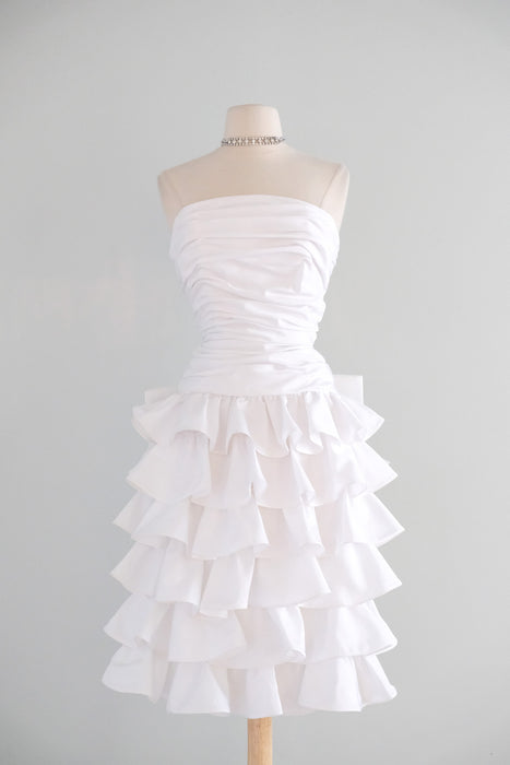 Vintage 1980's Strapless White Taffeta Cocktail Dress with Ruffles & Bow / SM