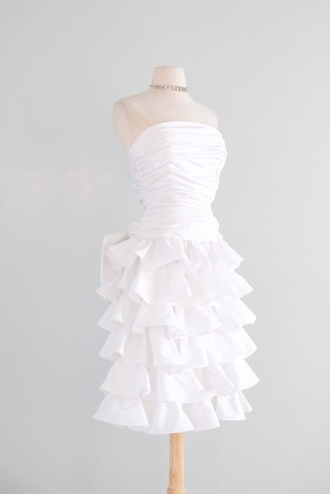 Vintage 1980's Strapless White Taffeta Cocktail Dress with Ruffles & Bow / SM