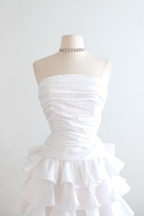 Vintage 1980's Strapless White Taffeta Cocktail Dress with Ruffles & Bow / SM