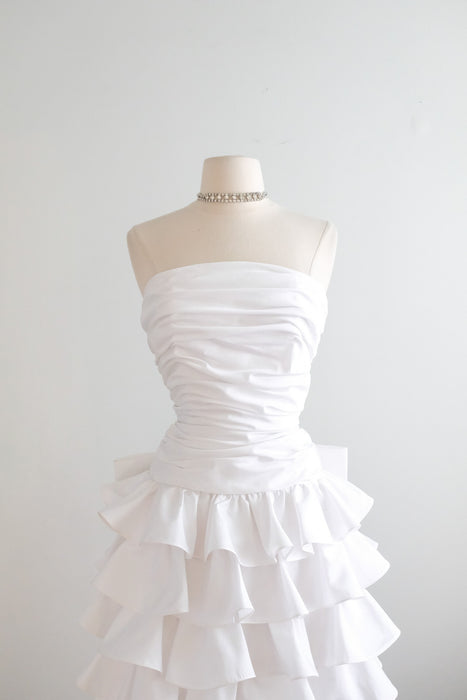 Vintage 1980's Strapless White Taffeta Cocktail Dress with Ruffles & Bow / SM