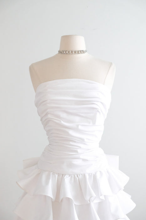 Vintage 1980's Strapless White Taffeta Cocktail Dress with Ruffles & Bow / SM