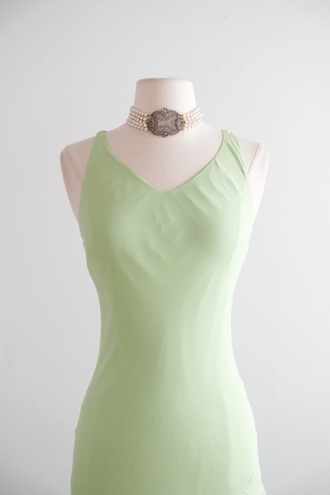 Vintage 1990's Matcha Green Silk Chiffon Dress / S