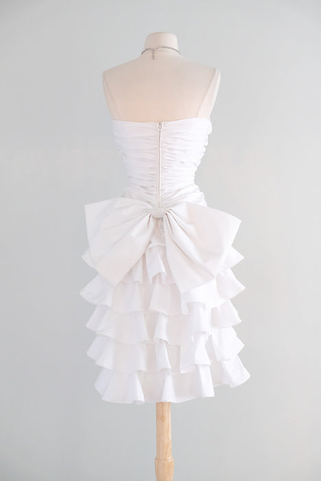Vintage 1980's Strapless White Taffeta Cocktail Dress with Ruffles & Bow / SM