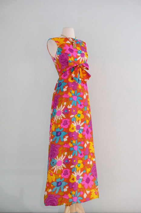 Vintage 1960's Colorful Springtime Floral Silk Gown / SM