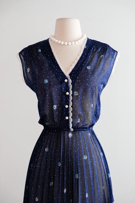 Vintage Late 1970's Navy Floral Sheer Day Dress with Pleats / S