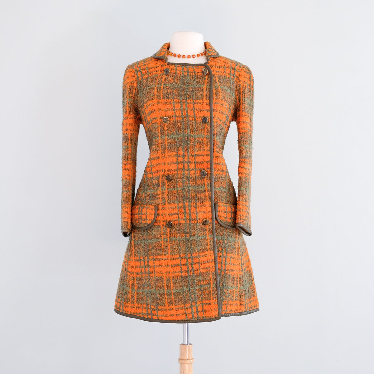 Vintage 1960's Made in Italy Green & Orange Plaid Boucle Wool Coat