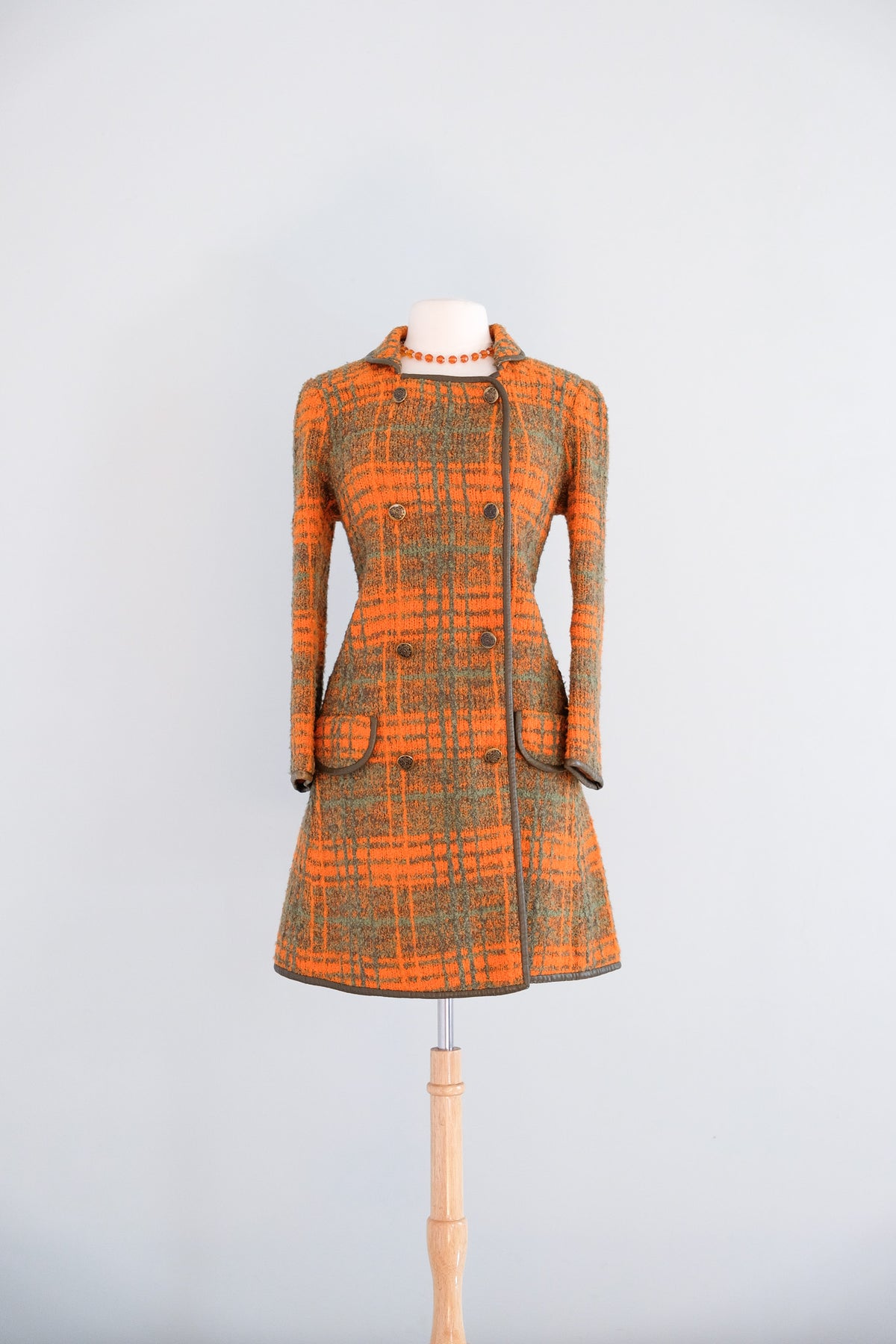 Vintage 1960's Made in Italy Green & Orange Plaid Boucle Wool Coat