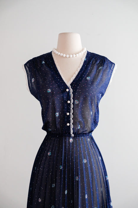 Vintage Late 1970's Navy Floral Sheer Day Dress with Pleats / S