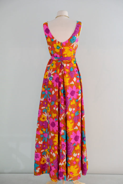Vintage 1960's Colorful Springtime Floral Silk Gown / SM