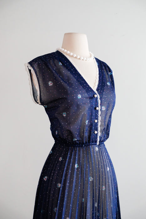 Vintage Late 1970's Navy Floral Sheer Day Dress with Pleats / S