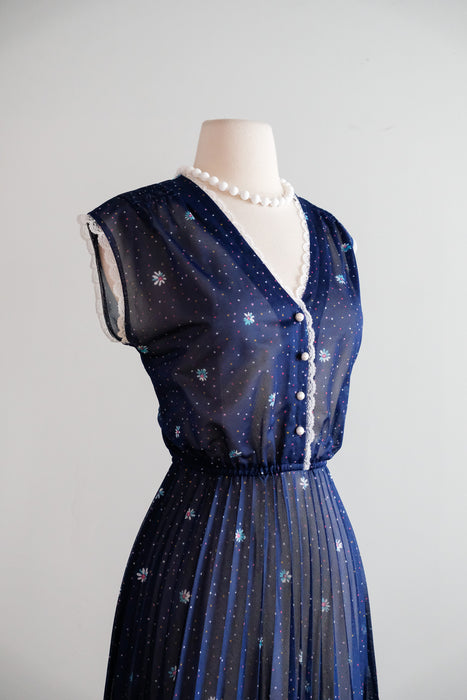 Vintage Late 1970's Navy Floral Sheer Day Dress with Pleats / S