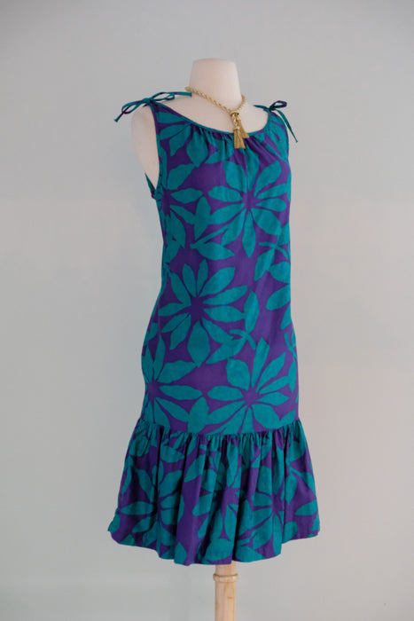 Vintage 1960's Deep Purple Teal Floral Hawaiian Dress ML