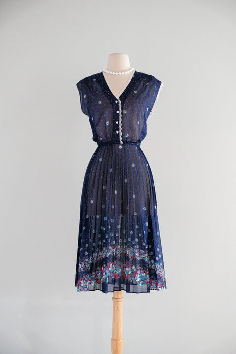 Vintage Late 1970's Navy Floral Sheer Day Dress with Pleats / S