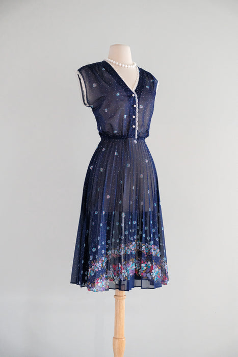 Vintage Late 1970's Navy Floral Sheer Day Dress with Pleats / S