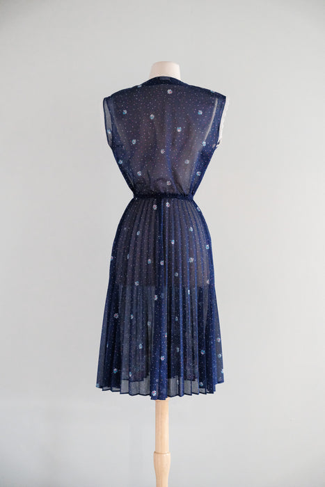 Vintage Late 1970's Navy Floral Sheer Day Dress with Pleats / S