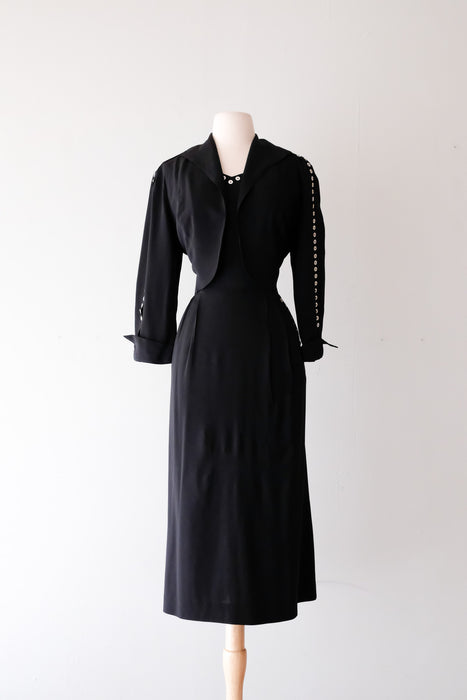 Sweetest 1940's Black & White Button Dress & Coat / Sz L/XL