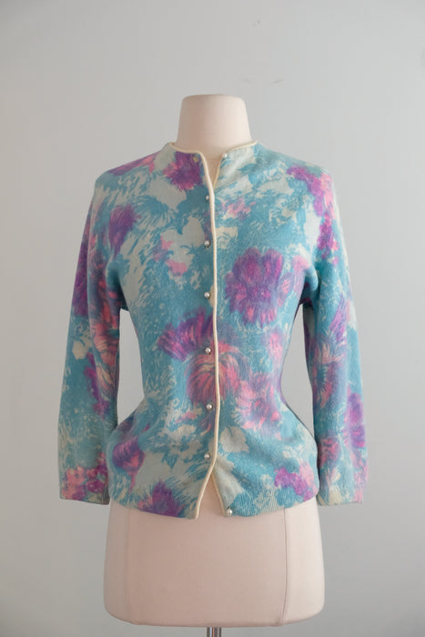 Vintage 1960's Paintbrush Floral Angora Cardigan by Darlene / ML