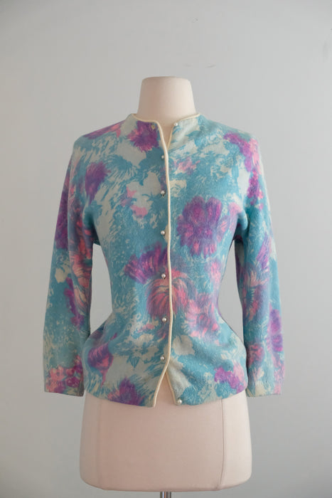 Vintage 1960's Paintbrush Floral Angora Cardigan by Darlene / ML