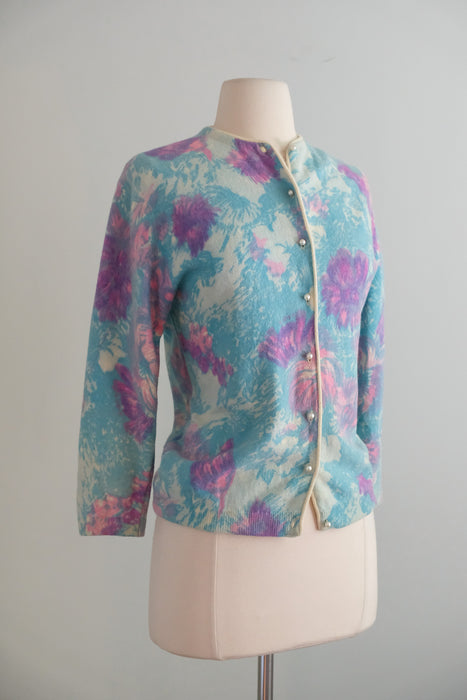 Vintage 1960's Paintbrush Floral Angora Cardigan by Darlene / ML