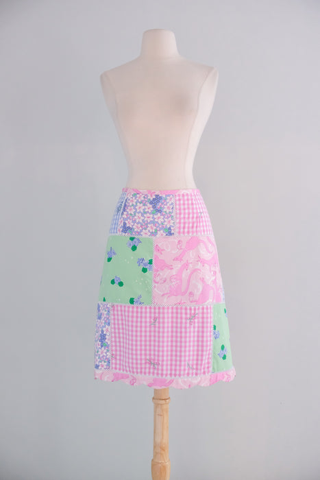 Vintage 1990's Pink Kangaroo Patchwork Cotton Skirt by Lilly Pulitzer / M