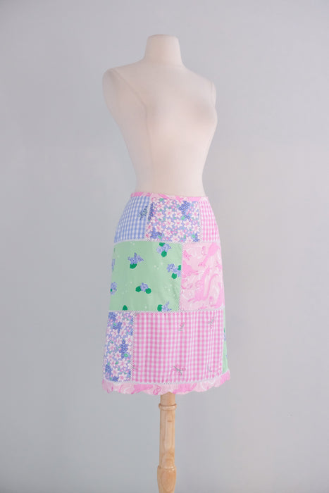 Vintage 1990's Pink Kangaroo Patchwork Cotton Skirt by Lilly Pulitzer / M