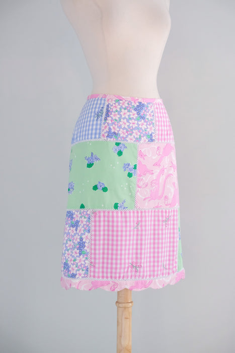 Vintage 1990's Pink Kangaroo Patchwork Cotton Skirt by Lilly Pulitzer / M