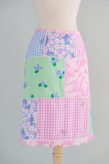 Vintage 1990's Pink Kangaroo Patchwork Cotton Skirt by Lilly Pulitzer / M