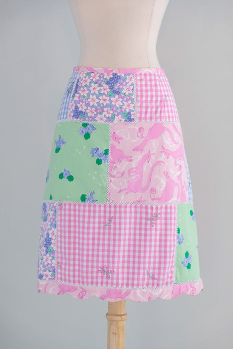 Vintage 1990's Pink Kangaroo Patchwork Cotton Skirt by Lilly Pulitzer / M
