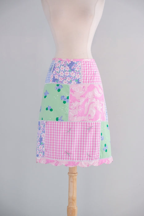 Vintage 1990's Pink Kangaroo Patchwork Cotton Skirt by Lilly Pulitzer / M