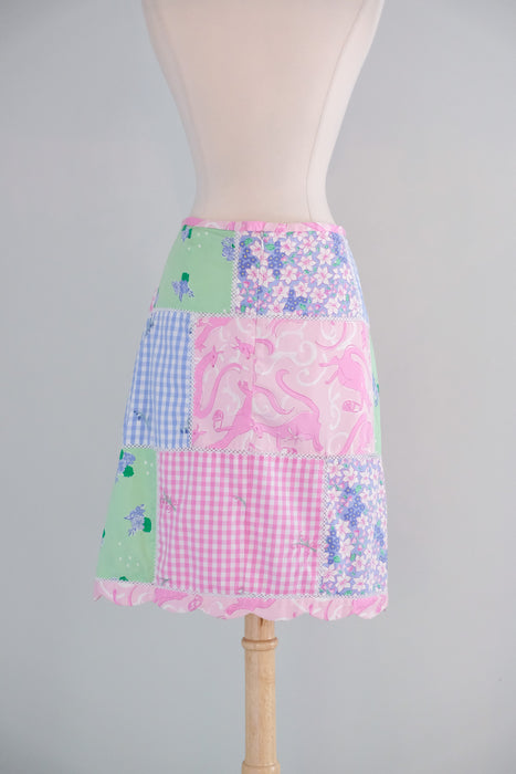 Vintage 1990's Pink Kangaroo Patchwork Cotton Skirt by Lilly Pulitzer / M
