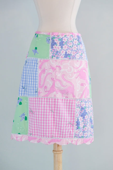 Vintage 1990's Pink Kangaroo Patchwork Cotton Skirt by Lilly Pulitzer / M