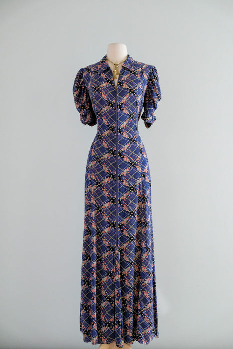 Vintage 1940's Plaid Floral Cotton Dressing Gown / M