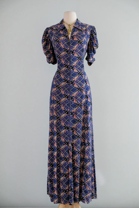 Vintage 1940's Plaid Floral Cotton Dressing Gown / M