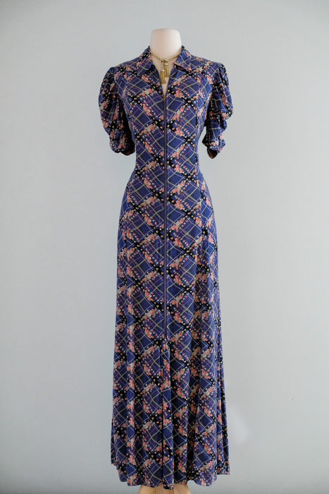 Vintage 1940's Plaid Floral Cotton Dressing Gown / M